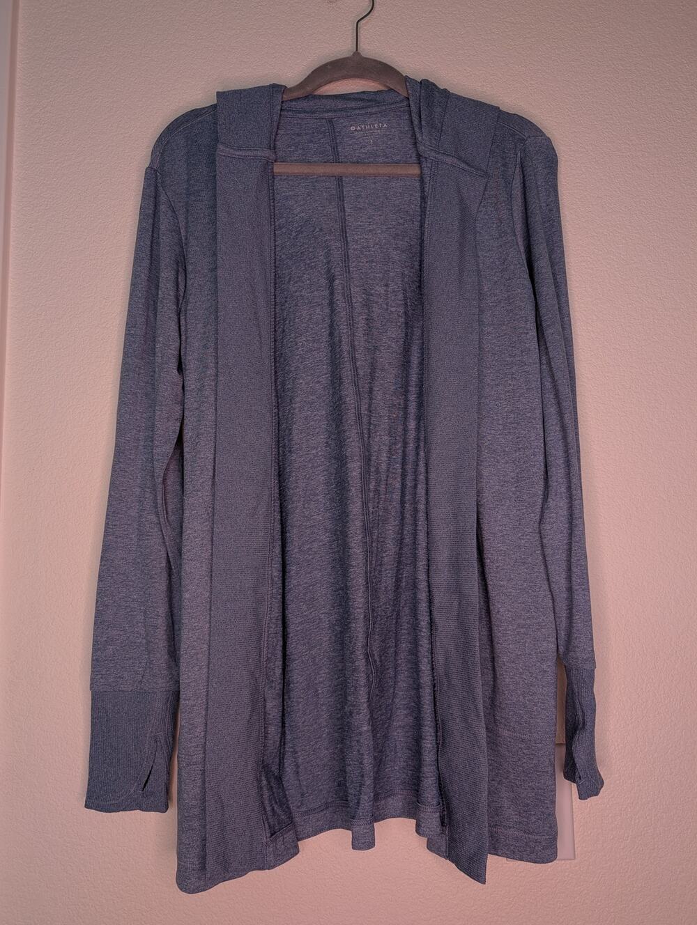 Athleta Pranayama Hooded Wrap Cardigan Blue Speckled S Athleisure Soft Cozy Chic